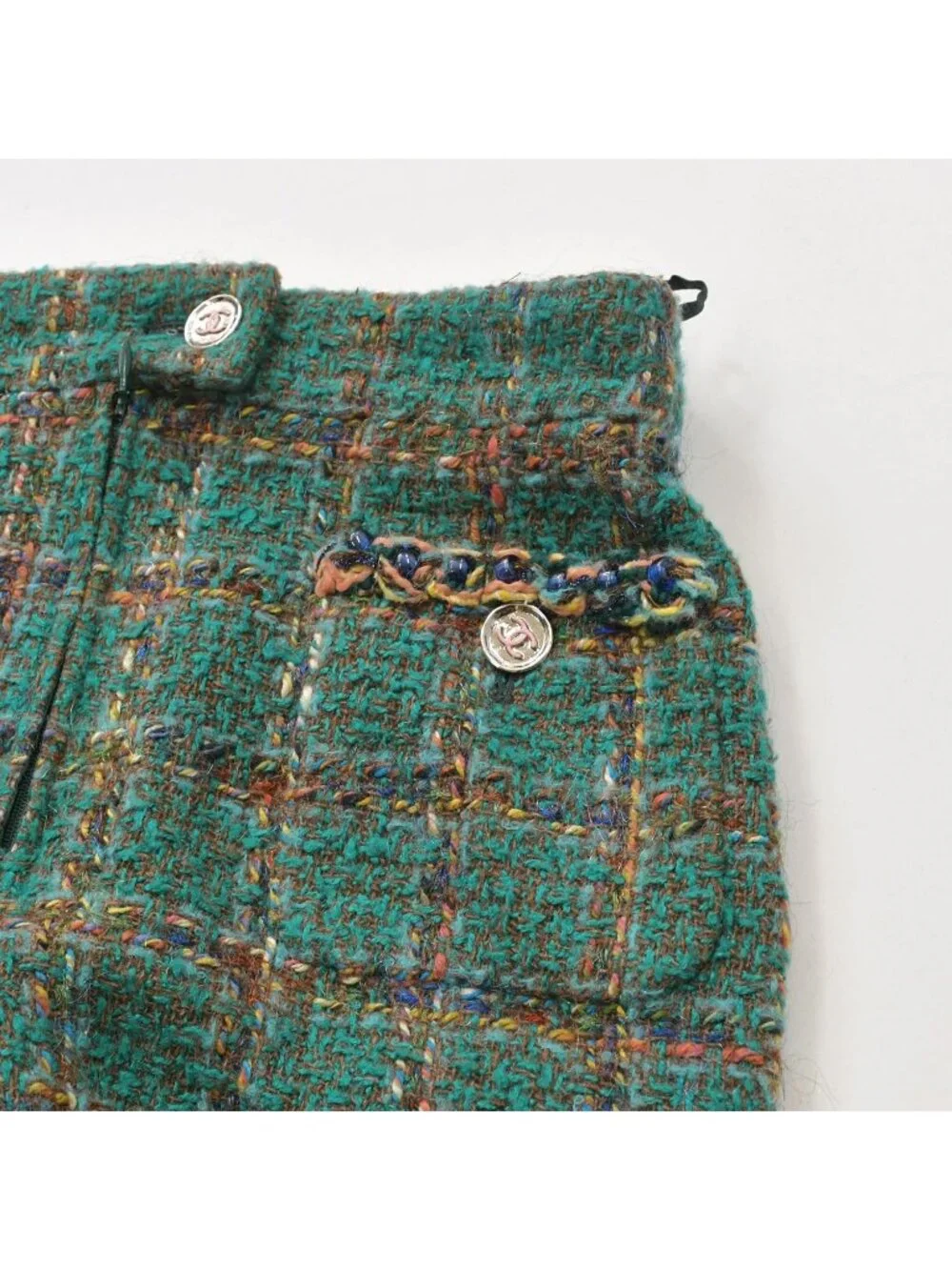 Chanel Tweed Flare Pants CC Logo Green Multicolor